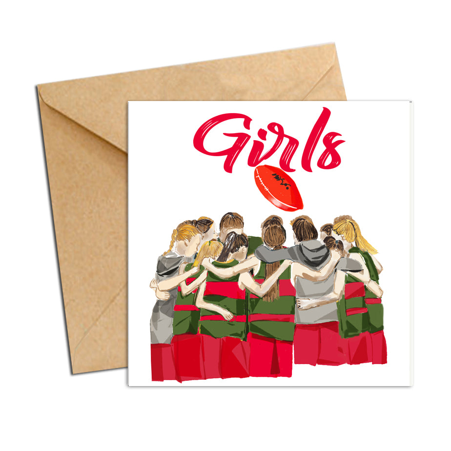 Card - AFL - football huddle Red and Green Girls