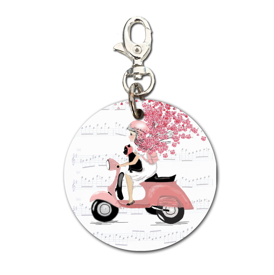 Keyring (Circular) - Heart Confetti Girl on Moped