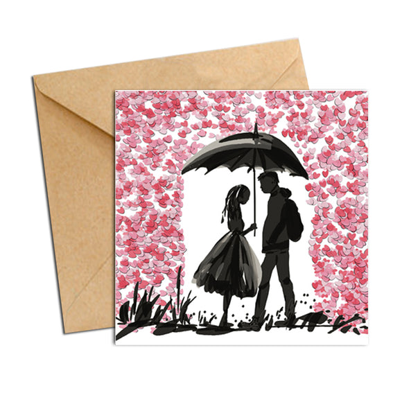 Card - Heart Confetti Girl and Boy in Rain