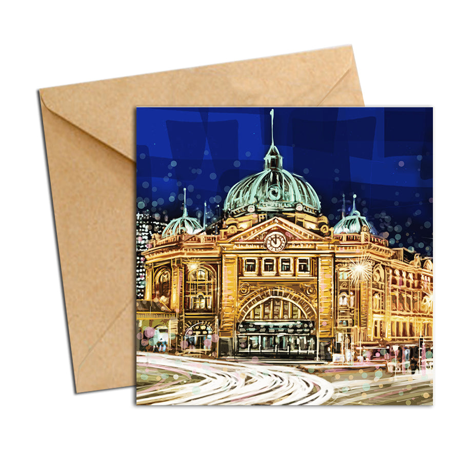 Card - Iconic Melbourne Flinders station front by night